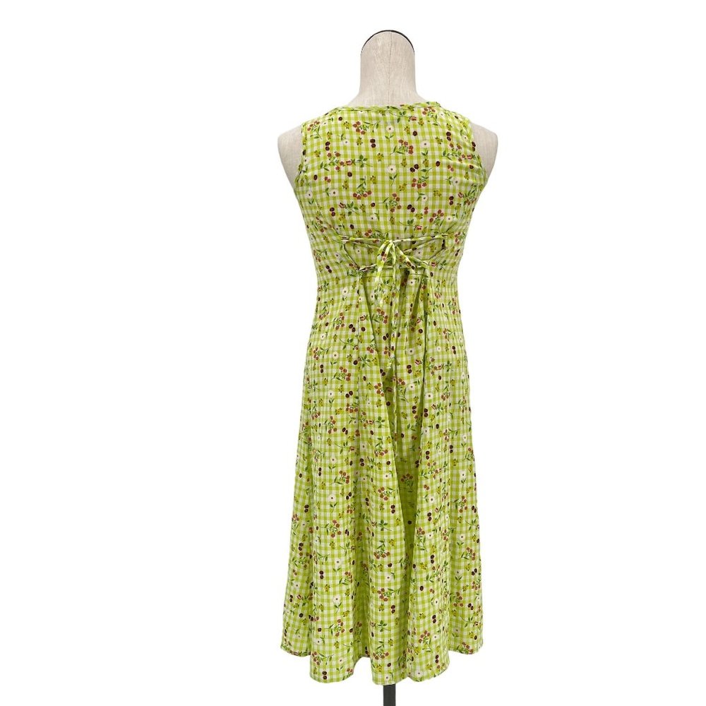 Corset Back Vintage 90's Green Ladybug Picnic A-Line Dress with Criss Cross - Picture 5 of 8